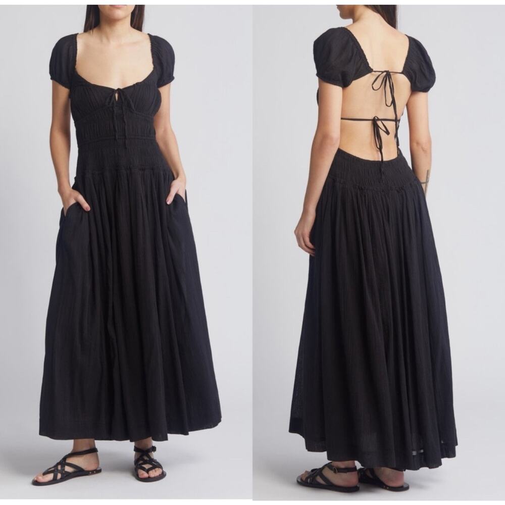 Free People Black Open-Back Puff Sleeve Midi Dress